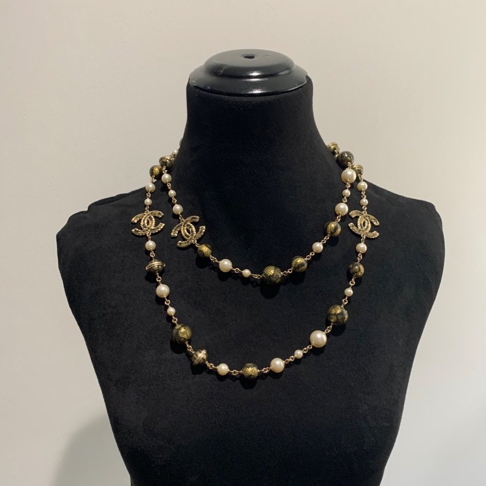 Chanel Gold CC Glazed Black Lace Pearl long Necklace double strand logo classic